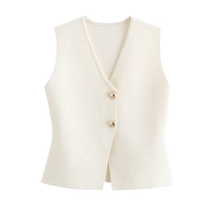 Women's cream V-neck knit vest top featuring elegant gold buttons and a clean tailored cut