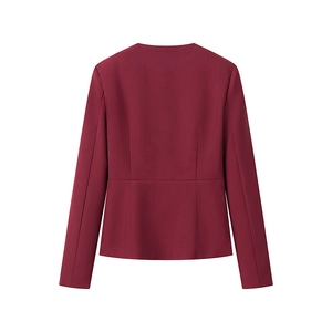 Rear view of slim fit wine red blazer showing structured waist stitching and clean hem