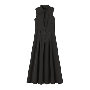 Detail of elegant black sleeveless midi dress showing the front zipper and pleated A-line skirt
