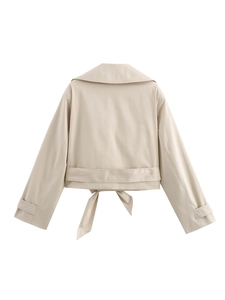 Rear view of beige double-breasted jacket showing back bow tie waist and sleeve straps