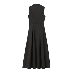 Back view of a black sleeveless maxi dress featuring a high neckline and cinched waistline