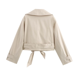 Back view of a khaki short trench coat featuring a large collar and bow tie hem details