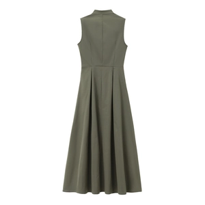 Rear view of an elegant olive green sleeveless maxi dress with pleated A-line skirt