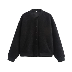 Women's black textured baseball collar jacket with rib-knit trim and button closure