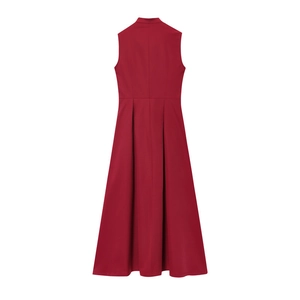Detail view of the back of a burgundy sleeveless pleated A-line dress with a stand collar