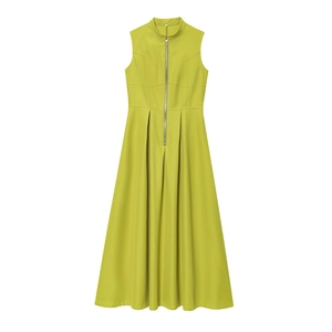 Detail of lime green sleeveless dress featuring a silver front zipper and pleated A-line skirt