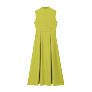 Detail view of the back of a sleeveless lime green pleated maxi dress with neat stitching