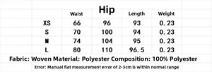Size guide for satin skirt showing measurements for waist, hip and length in centimeters