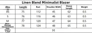 Size chart for minimalist linen blend blazer with detailed measurements in centimeters