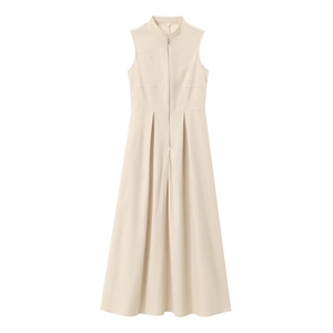 Elegant beige sleeveless midi dress with front zipper and cinched waist details