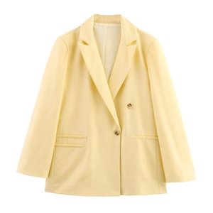 Women Casual Double Breasted Blazer Jacket Solid Color Long Sleeve Lapel Outerwear With Big Pockets For Office Daily Wear
