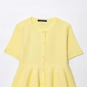 Women's light yellow short sleeve knit cardigan with round neck and button down front