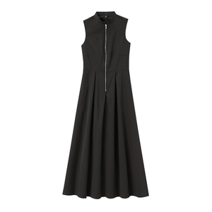 Elegant black sleeveless A-line midi dress with half-high collar and front zipper detail