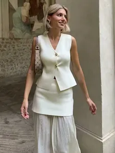 Women Elegant V Neck Knitted Vest And Pleated Midi Skirt Outfit Streetwear Casual Sleeveless Fashion With Gold Buttons