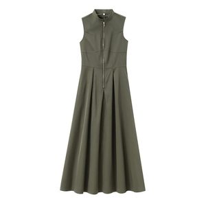 Elegant sleeveless olive green A-line dress with high collar and front zipper detail