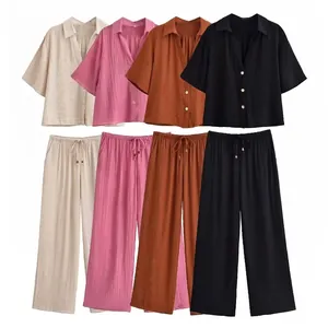Damen Casual Geknittertes Oberteil Und Weite Hose Outfit Kurzarm V-Ausschnitt Hemd Kordelzug Hohe Taille Hose Sommer Strandkleidung