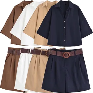 Ensemble Deux Pièces pour Femmes Style Occidental Chemise à Manches Larges et Short Taille Haute avec Ceinture Tressée Couleur Unie Polyester Streetwear Top And Bottom