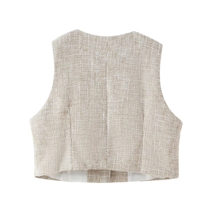 Vista posteriore del gilet in tweed da donna beige e bianco con fodera liscia