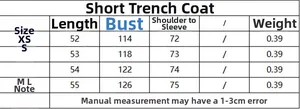 Size chart for short trench coat showing measurements for XS S M L sizes and weight