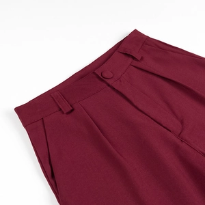 Detail view of burgundy pleated trousers featuring fabric texture and waist button design