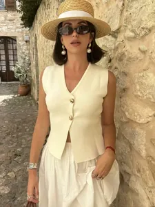 Gilet en Tricot d'Été pour Femmes Coupe Ajustée Col en V Sans Manches Avec Boutons Dorés Couleur Unie Tricots Décontractés Élégant