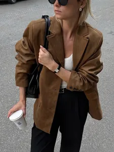 Autumn Women Suede Blazer Notch Lapel Single Breasted Loose Suit Jacket Streetwear Outwear With Flap Pockets