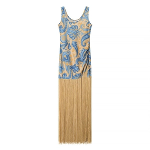 Vestito Maxi da Donna Senza Maniche con Stampa Paisley Frange Lunghe Boho Increspato Sexy Girocollo Vestito Lungo da Festa