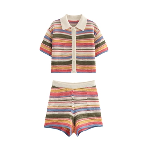 Detail of crochet polo top and shorts set featuring vibrant rainbow striped knit pattern