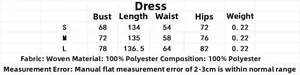 Detailed size chart for the mesh printed dress showing bust, waist, and length measurements