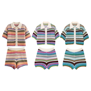 Detailed flat lay of crochet polo shirts and shorts sets with colorful striped patterns