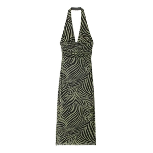 Sexy Green Zebra Print Mesh Halter Dress For Women Deep V Neck Ruched Bodycon Maxi Dress Backless Summer Resort Outfits