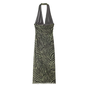 Detail of zebra print halter midi dress in olive and black featuring gathered neckline