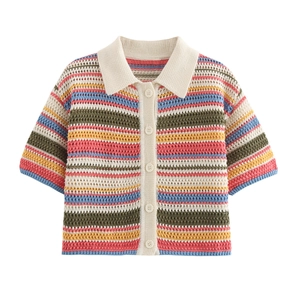 Detail of multi-color striped crochet knit polo shirt with white collar and buttons