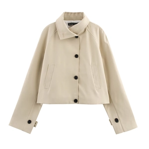 Minimalist beige short trench coat for women with classic lapel and black buttons