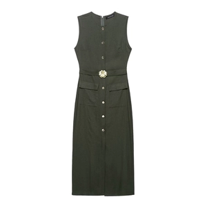 Women's Sleeveless Olive Green Maxi Dress Cotton Linen Blend Button Up Belted Slim Fit Casual Streetwear Long Dress