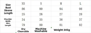 Detailed size guide table for V-neck mini dress including bust and length measurements