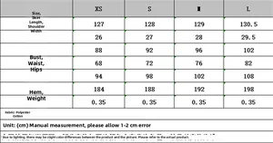 Detailed size chart for women's slim dress showing length, bust, waist and hip measurements