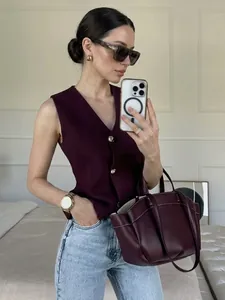 Gilet En Tricot Femmes Sans Manches Col V Débardeur Boutons Dorés Coupe Ajustée Décontracté Chic Élégant Haut Mode