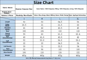 Tableau des tailles détaillé pour veste en coton brodée hiver femme, mesures S à XL