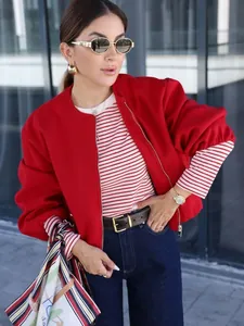 Women Fashion Round Neck Bomber Jacket Casual Solid Color Short Silhouette Outerwear With Lantern Sleeves And Zipper Closure