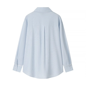 Detail of blue striped long sleeve shirt back with pleated yoke and button cuffs