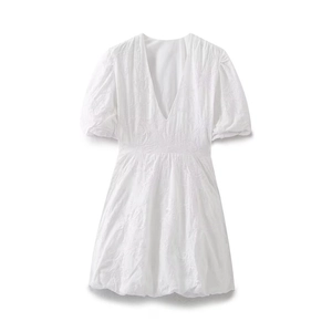Women V Neck Short Puff Sleeve White Mini Dress Embroidery Jacquard Floral Elegant Party Summer Dress