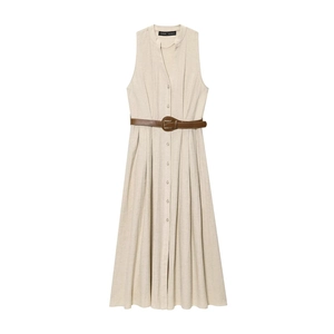 Women's Sleeveless Button Up Dress With Belt V Neck Cotton Linen Texture Solid Color Elegant Long A-Line Summer Dress