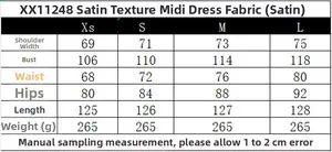 Guide des tailles pour robe midi en satin pour femmes avec mesures détaillées du XS au L