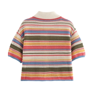Detailed view of colorful striped crochet polo shirt with hollow knit texture and beige collar