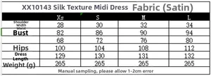 Detailed size chart for the black satin midi dress with measurements from XS to L