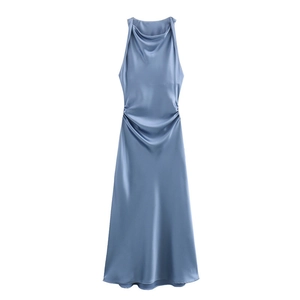 Detail view of the elegant draped neckline and glossy satin fabric of the light blue dress