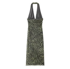 Green zebra print halter neck maxi dress with front ruching for a slim-fit summer look