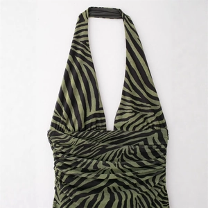 Women's green and black zebra print halter neck ruched mesh top in bodycon style