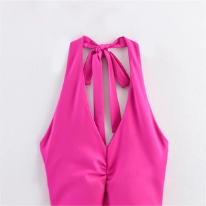 Sleeveless rose red halter neck dress with deep V-neckline and ruched front design